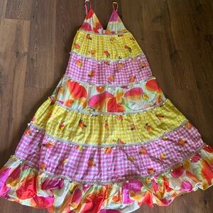 Farm Rio Mixed picnic cashew Pink and yellow fruit gingham tiered maxi dress